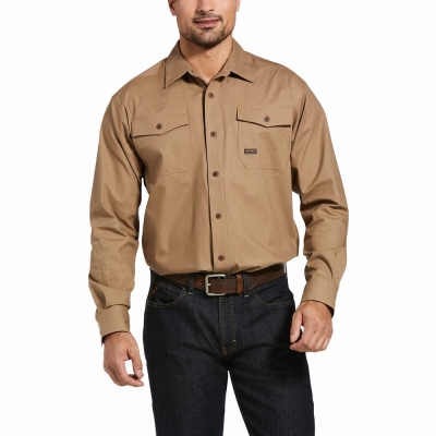 Khaki Ariat Rebar Made Tough DuraStretch Men's Shirts | AJXS82716