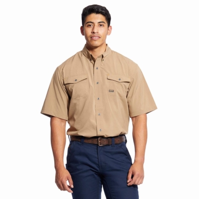 Khaki Ariat Rebar Made Tough VentTEK DuraStretch Men's Shirts | VFTZ71064