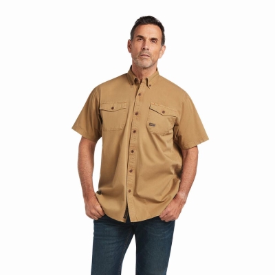 Khaki Ariat Rebar Washed Twill Men's Short Sleeve | SQYJ39714