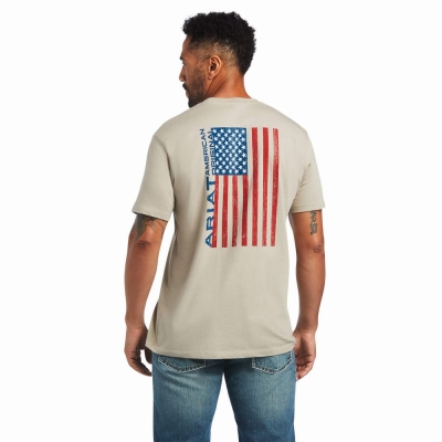 Khaki Ariat Woodgrain Flag Men's Polo Shirts | THYL31759