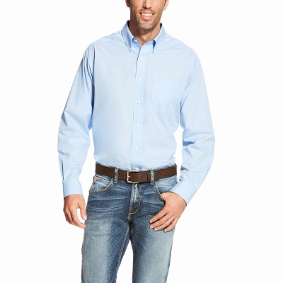 Light Blue Ariat Wrinkle Free Solid Men's Shirts | GHEY48903