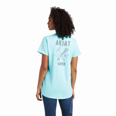 Light Turquoise Blue Ariat Rebar Cotton Strong Wrench Graphic Women's Tops | FOKS62075