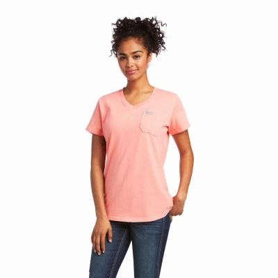 Multicolor Ariat Rebar Cotton Strong V-Neck Women's Short Sleeve | TAOC23961