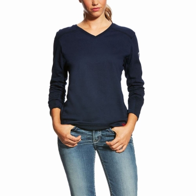 Navy Ariat FR AC Crew Women's Shirts | TLHO27956