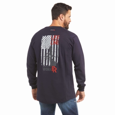 Navy Ariat FR Air Life on the Line Graphic Men's Shirts | XJFQ40239