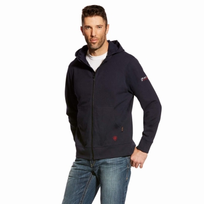 Navy Ariat FR DuraStretch Full Zip Men's Hoodies | JGOM34869