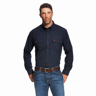 Navy Ariat FR Featherlight Men's Shirts | QOAW82156