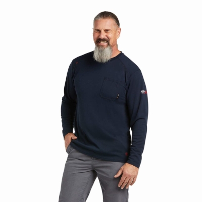 Navy Ariat FR Max Protect Inherent Men's Shirts | FMZO62870