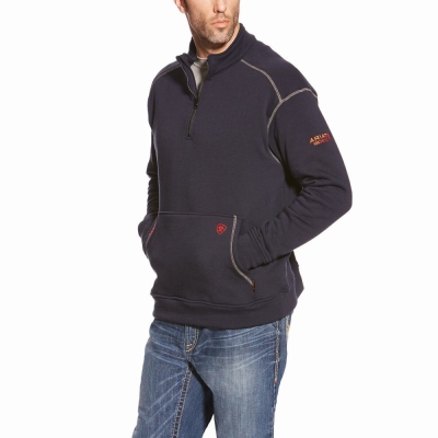 Navy Ariat FR Polartec Fleece 1/4 Zip Men's Hoodies | KLXR89354