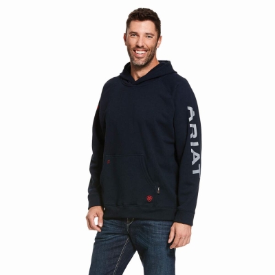 Navy Ariat FR Primo Fleece Logo Men's Hoodies | NDUR35782