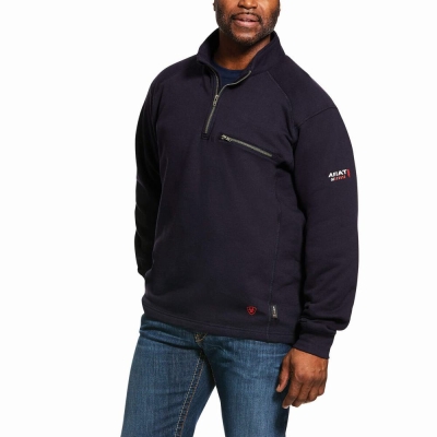 Navy Ariat FR Rev 1/4 Zip Men's Hoodies | XHMP63175