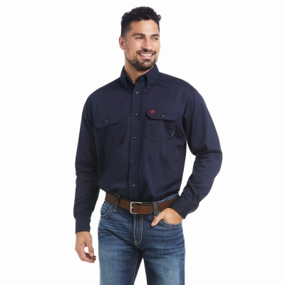 Navy Ariat FR Solid Men's Shirts | ACZH47612