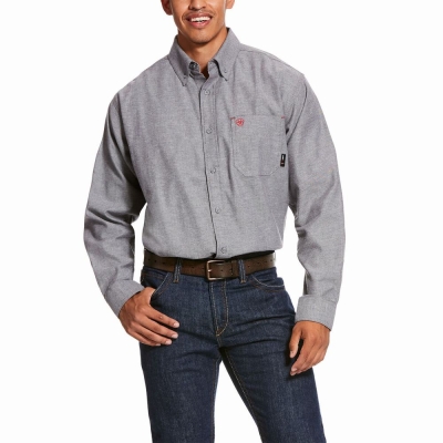 Navy Ariat FR Solid Twill DuraStretch Men's Shirts | ROPF84532