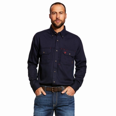 Navy Ariat FR Solid Vent Men's Shirts | OPXK92183