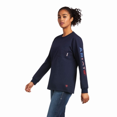 Navy Ariat FR Stretch Logo Women's Shirts | ZUSC49308