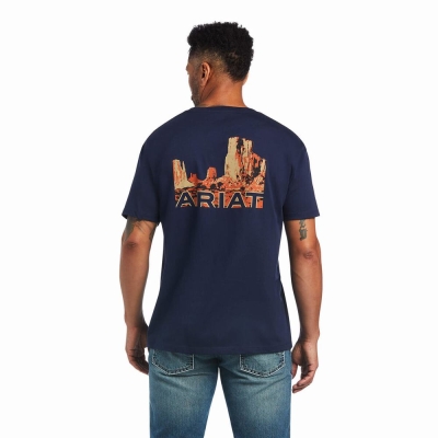 Navy Ariat Monument Sunset Men's Polo Shirts | XYJI01649