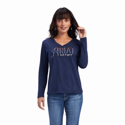 Navy Ariat REAL Chest Logo Relaxed Women's Tops | ITRX71069