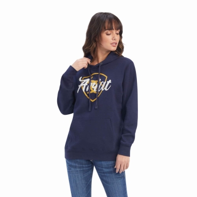 Navy Ariat REAL Shield Logo Women's Hoodies | VYPJ41620