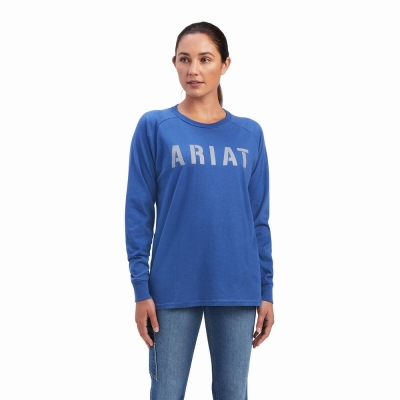 Navy Ariat Rebar CottonStrong Block Women's T Shirts | MRYH81634