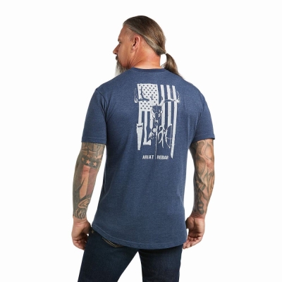 Navy Ariat Rebar Cotton Strong American Outdoors Men's Tops | PZJW26853