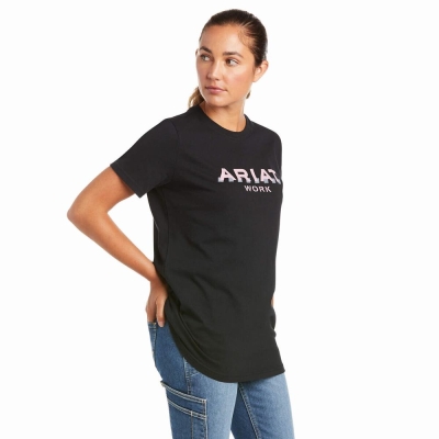 Navy Ariat Rebar Cotton Strong Logo Women's Short Sleeve | LIAV31954