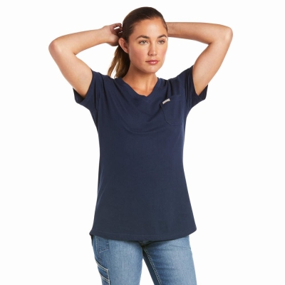 Navy Ariat Rebar Cotton Strong V-Neck Women's Short Sleeve | BXOG46037