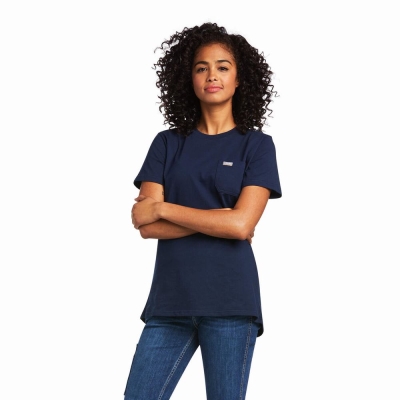 Navy Ariat Rebar Cotton Strong Women's Short Sleeve | JWIY49876