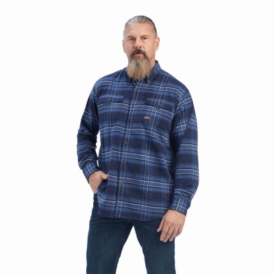 Navy Ariat Rebar Flannel DuraStretch Men's Shirts | EIGN72968