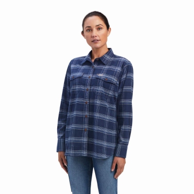 Navy Ariat Rebar Flannel DuraStretch Women's Shirts | XGSJ14530