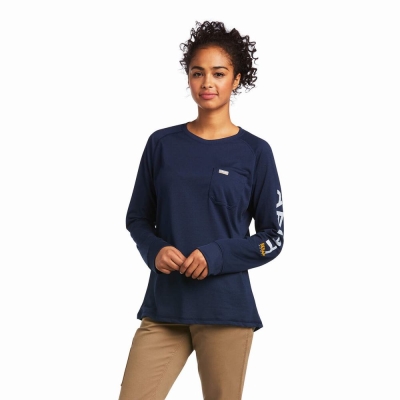 Navy Ariat Rebar Heat Fighter Women's Tops | RTPK46195