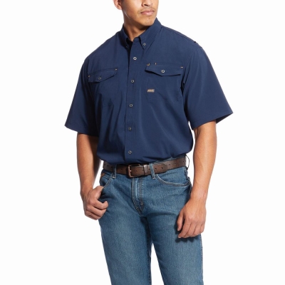 Navy Ariat Rebar Made Tough VentTEK DuraStretch Men's Shirts | LFEA85729