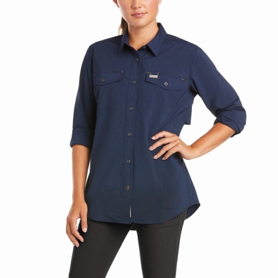 Navy Ariat Rebar Made Tough VentTEK DuraStretch Women's Shirts | PJGR79314