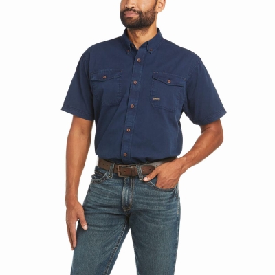 Navy Ariat Rebar Washed Twill Men's Short Sleeve | EIBO73859