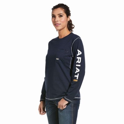 Navy Ariat Rebar Workman Logo Women's T Shirts | WNRQ95862