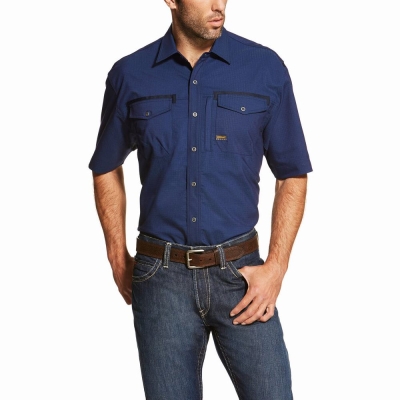 Navy Ariat Rebar Workman Men's Shirts | OPXN48903