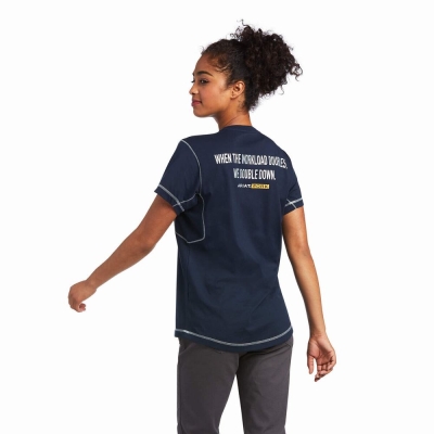 Navy Ariat Rebar Workman Phrase Women's Tops | JITX25617