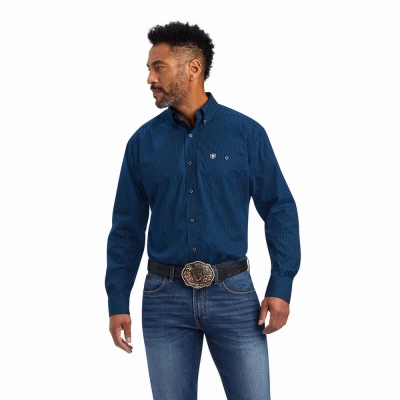 Navy Ariat Relentless Skillful Stretch Classic Fit Men's Shirts | ASNY76481