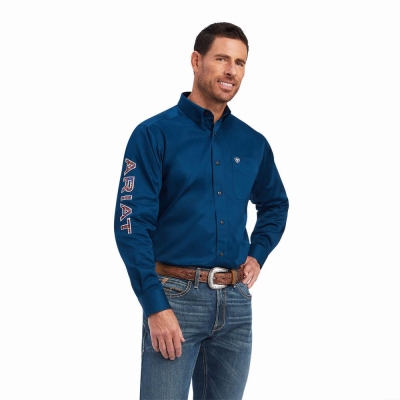 Navy Ariat Team Logo Twill Classic Fit Men's Shirts | HBRO91752