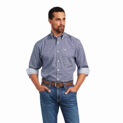 Navy Blue Ariat Wrinkle Free Ernest Classic Fit Men's Shirts | HBIM29534