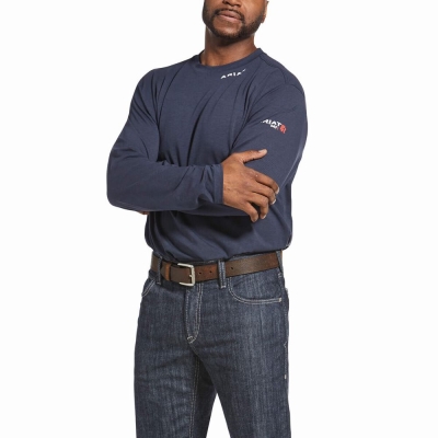 Navy Navy Ariat FR Men's Shirts | HSOR37298