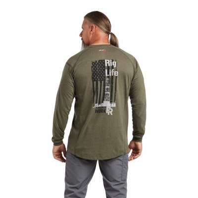 Olive Ariat FR Air Rig Life Graphic Men's Shirts | OCPW29734