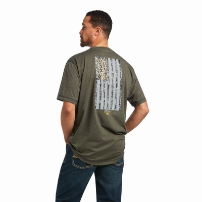 Olive Ariat Rebar Workman Reflective Flag Men's Tops | FSEJ67825