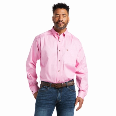 Pink Ariat Solid Twill Men's Shirts | FPRB93275