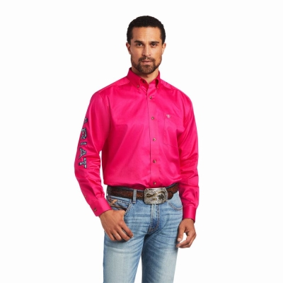 Pink Ariat Team Logo Twill Classic Fit Men's Shirts | YWHJ47853