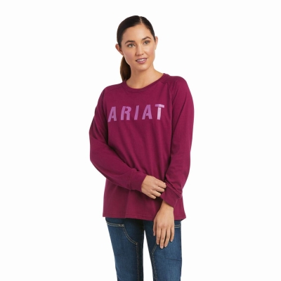 Purple Ariat Rebar CottonStrong Block Women's T Shirts | AZLE86741