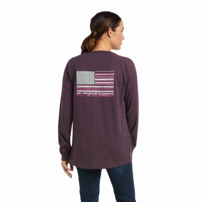 Purple Ariat Rebar CottonStrong Brand Flag Women's T Shirts | YBCP23015