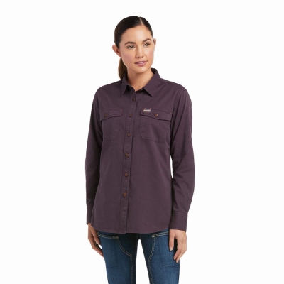 Purple Ariat Rebar Washed Twill Women's Shirts | WRKS14596