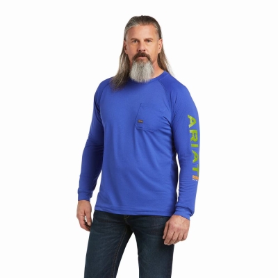 Royal Blue Ariat Rebar Heat Fighter Men's T Shirts | ACNS76234