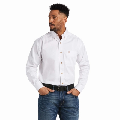 White Ariat Solid Twill Classic Fit Men's Shirts | TXUV16823