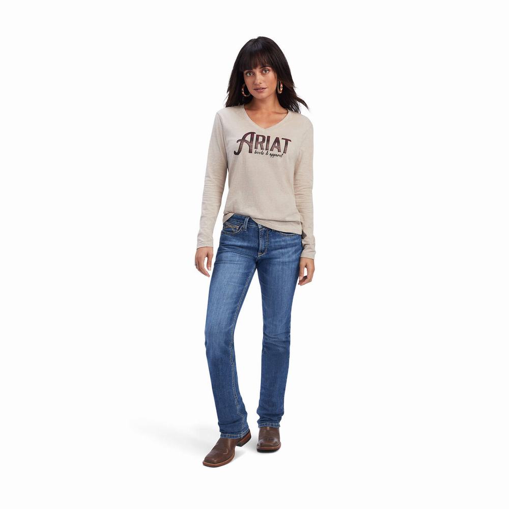 Beige Ariat REAL Chest Logo Relaxed Women's Tops | BEDU56127